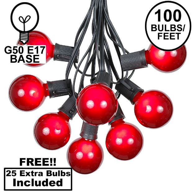 100 G50 Globe Light String Set with Red Bulbs on Black Wire