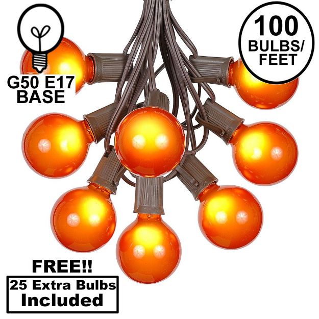100 G50 Globe Light String Set with Orange Bulbs on Brown Wire