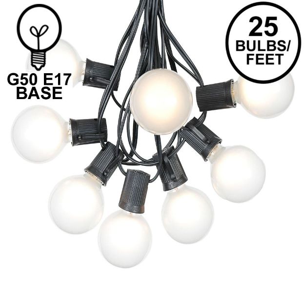 25 G50 Globe Light String Set with Frosted White Bulbs on Black Wire