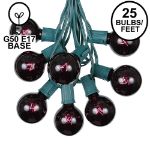 25 G50 Globe Light String Set with Black Light Bulbs (Very Dark Purple) on Green Wire