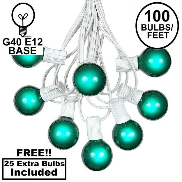 100 G40 Globe String Light Set with Green Satin Bulbs on White Wire