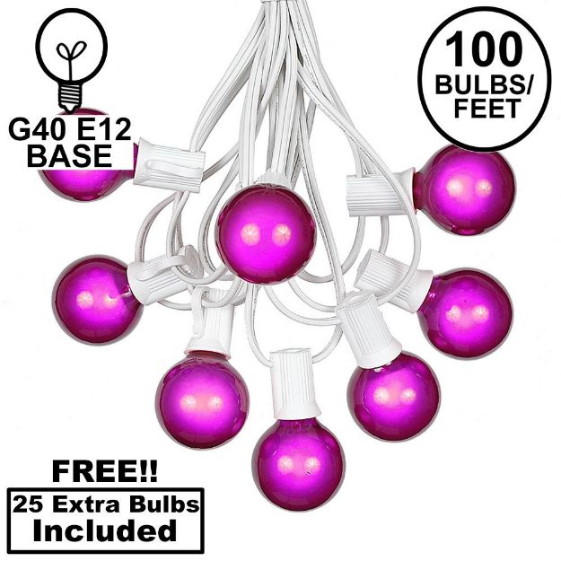 100 G40 Globe String Light Set with Purple Satin Bulbs on White Wire