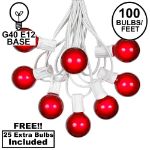 100 G40 Globe String Light Set with Red Satin Bulbs on White Wire