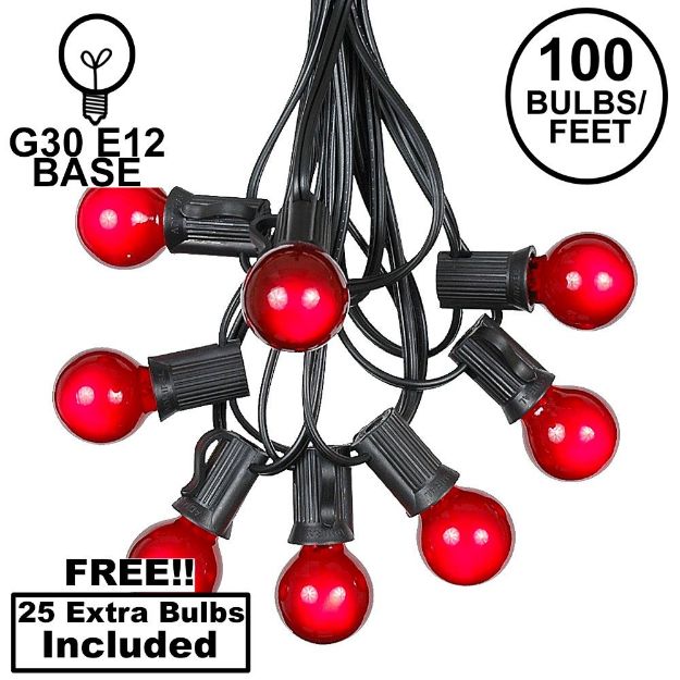 100 G30 Globe String Light Set with Red Satin Bulbs on Black Wire