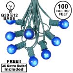 100 G30 Globe String Light Set with Blue Satin Bulbs on Green Wire