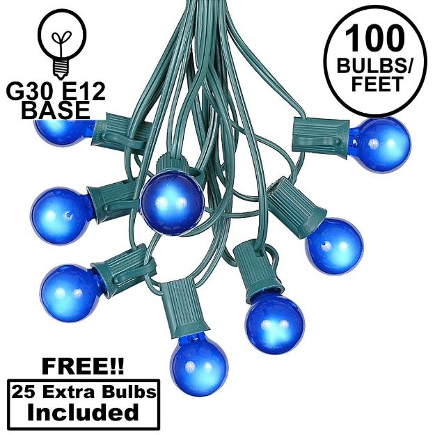 100 G30 Globe String Light Set with Blue Satin Bulbs on Green Wire