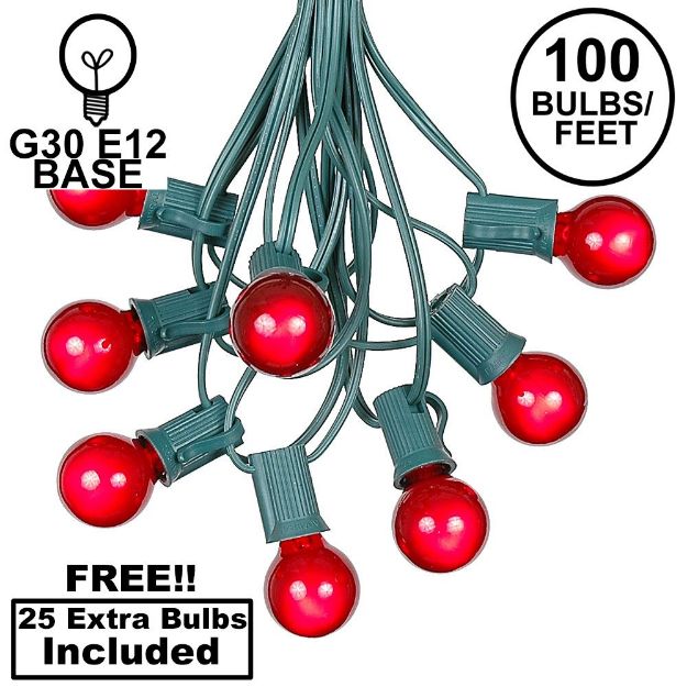 100 G30 Globe String Light Set with Red Satin Bulbs on Green Wire