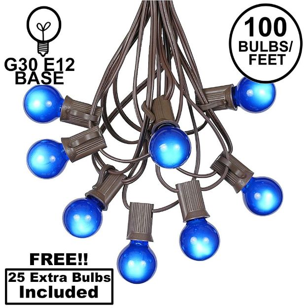 100 G30 Globe String Light Set with Blue Satin Bulbs on Brown Wire