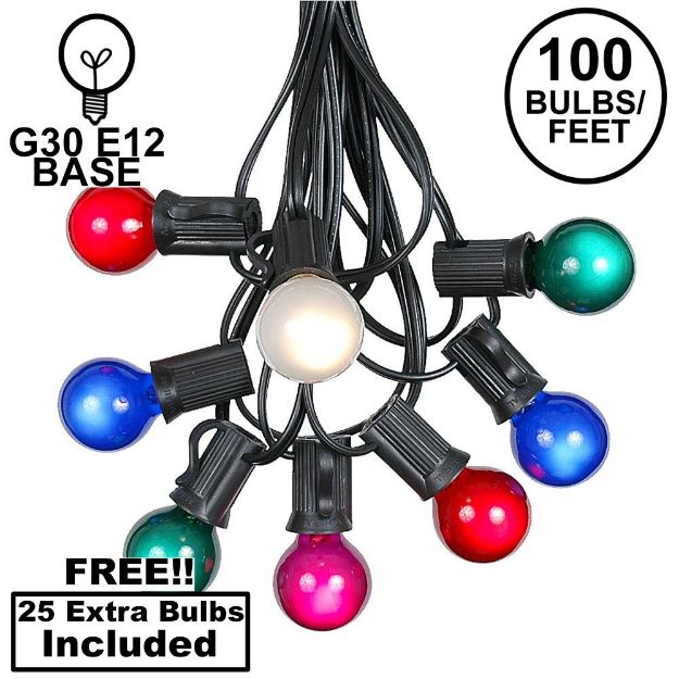 100 G30 Globe String Light Set with Multi Colored Satin Bulbs on Black Wire