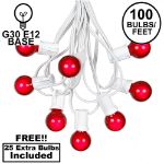 100 G30 Globe String Light Set with Red Satin Bulbs on White Wire