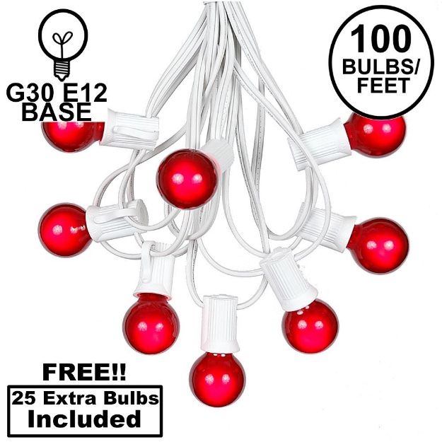 100 G30 Globe String Light Set with Red Satin Bulbs on White Wire