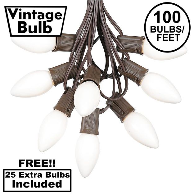 100 C9 Ceramic Christmas Light Set - White - Brown Wire