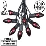 100 C9 Christmas Light Set - Black Light Very Dark Purple Bulbs - Black Wire