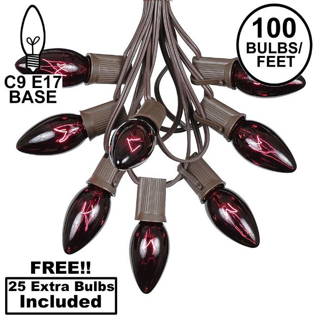 100 C9 Christmas Light Set - Black Light Very Dark Purple Bulbs - Brown Wire