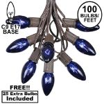 100 C9 Christmas Light Set - Blue Bulbs - Brown Wire
