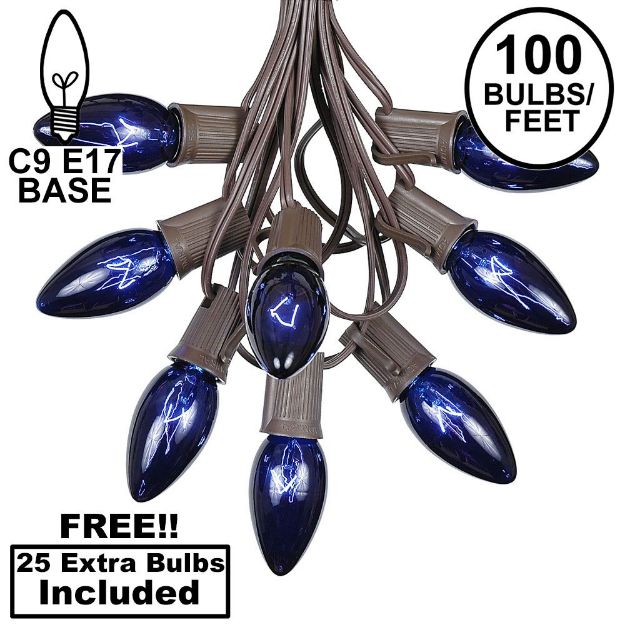 100 C9 Christmas Light Set - Blue Bulbs - Brown Wire
