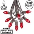 100 C7 String Light Set with Red Bulbs on Brown Wire