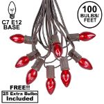 100 C7 String Light Set with Red Bulbs on Brown Wire