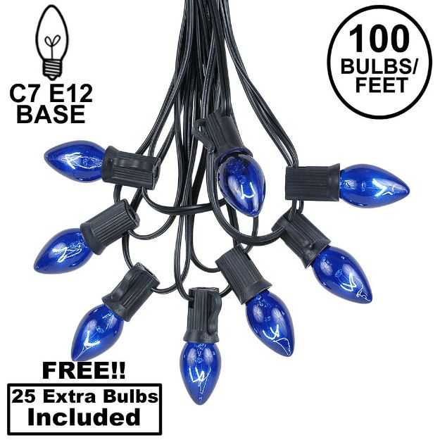 100 C7 String Light Set with Blue Bulbs on Black Wire
