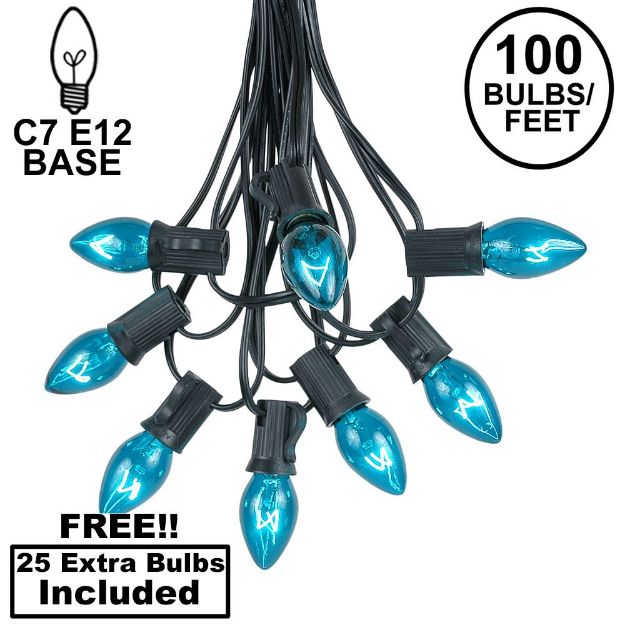 100 C7 String Light Set with Teal Bulbs on Black Wire