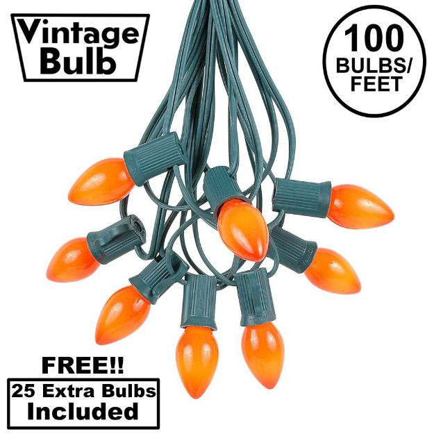 100 C7 String Light Set with Orange Ceramic Bulbs on Green Wire