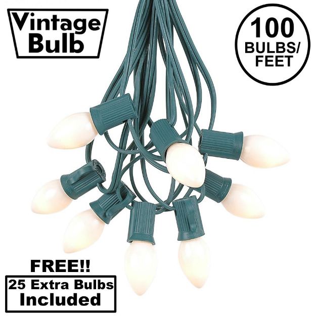 100 C7 String Light Set with White Ceramic Bulbs on Green Wire