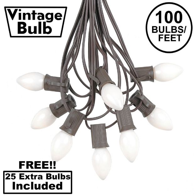 100 C7 String Light Set with White Ceramic Bulbs on Brown Wire
