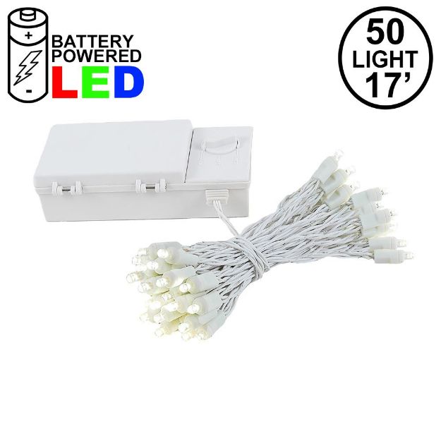 50 LED Battery Operated Lights Warm White on White Wire