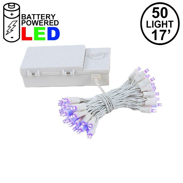 50 LED Battery Operated Lights Purple on White Wire