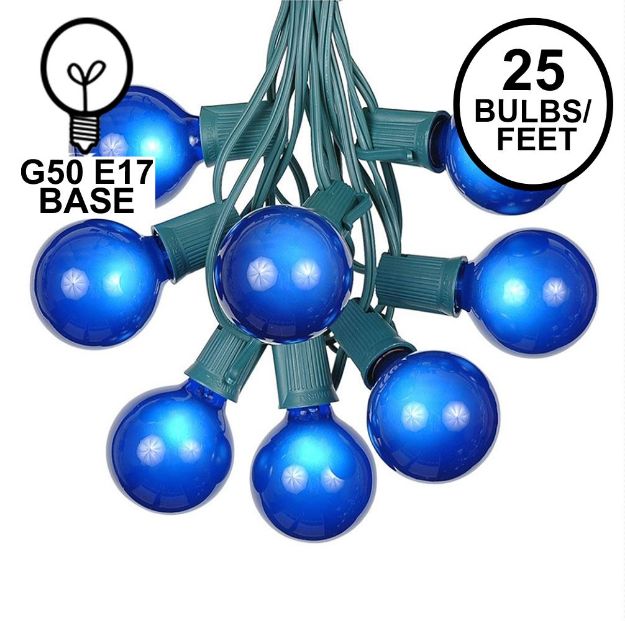 25 G50 Globe Light String Set with Blue Bulbs on Green Wire
