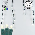 Warm White LED Icicle Lights on Green Wire 70 Bulbs