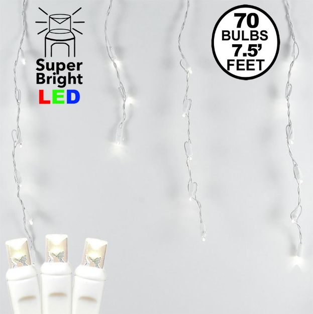 Warm White LED Icicle Lights on White Wire 70 Bulbs