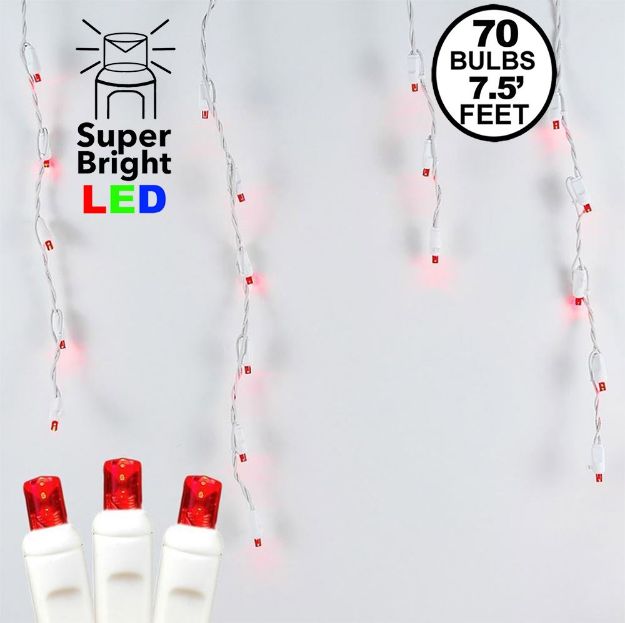 Red LED Icicle Lights on White Wire 70 Bulbs