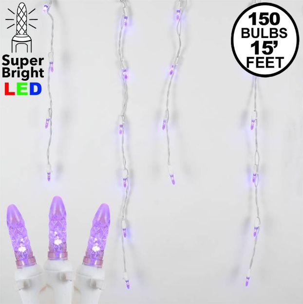 Purple LED Icicle Lights on White Wire 150 Bulbs