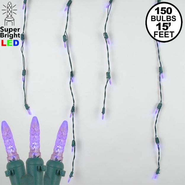 Purple LED Icicle Lights on Green Wire 150 Bulbs