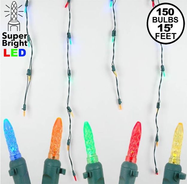 Multi (assorted) LED Icicle Lights on Green Wire 150 Bulbs