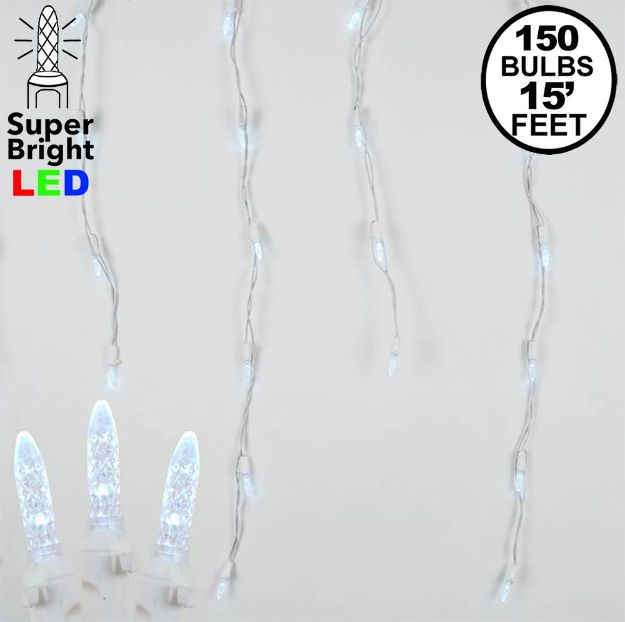 Pure White LED Icicle Lights on White Wire 150 Bulbs