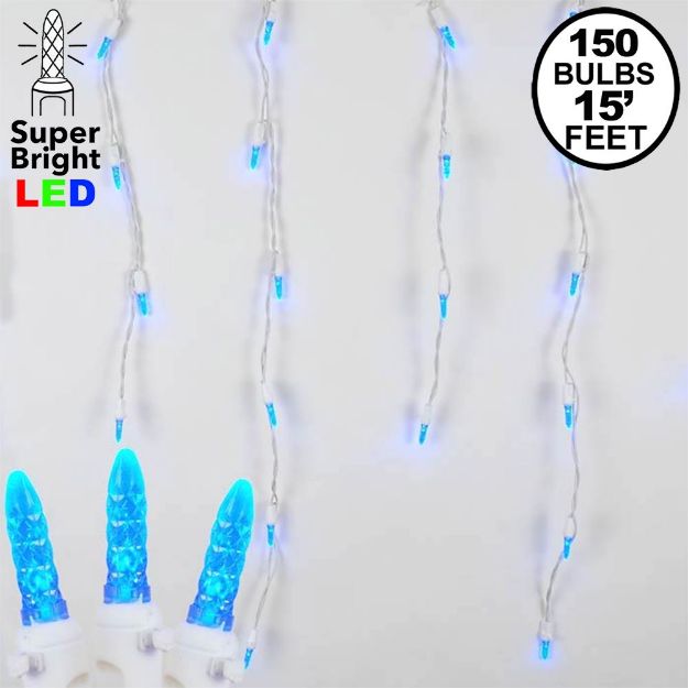 Blue LED Icicle Lights on White Wire 150 Bulbs