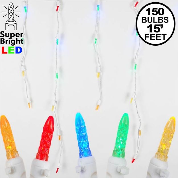 Multi (assorted) LED Icicle Lights on White Wire 150 Bulbs
