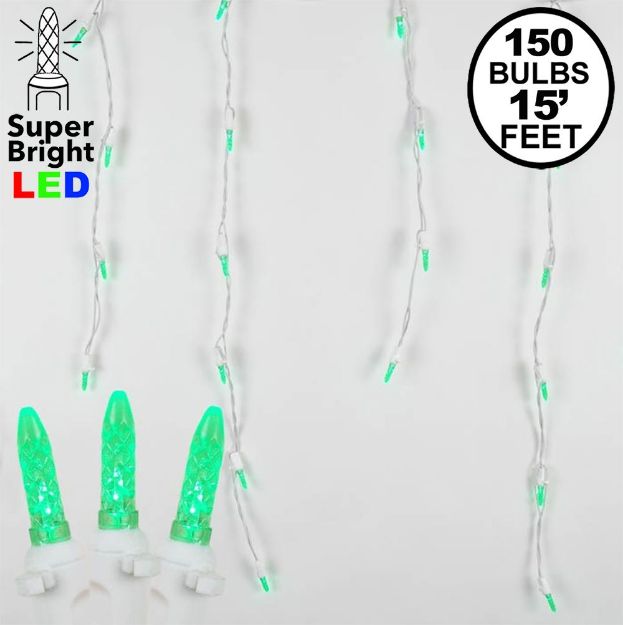 Green LED Icicle Lights on White Wire 150 Bulbs