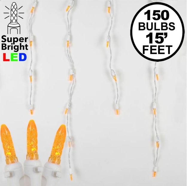 Orange (amber) LED Icicle Lights on White Wire 150 Bulbs