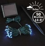 Pure White LED Solar Powered Lights 50 Light String Green Wire
