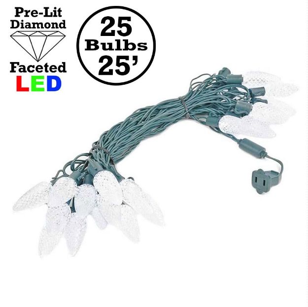 25 Pure White LED C9 Pre-Lamped String Lights Green Wire