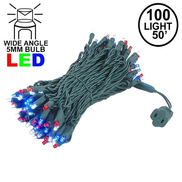 Commercial Grade Wide Angle 100 LED Red White Blue 50' Long on Green Wire