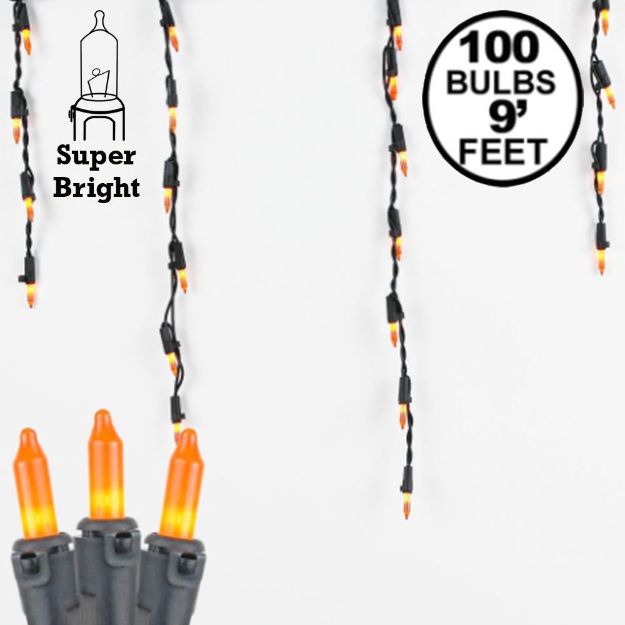 Frosted Orange 100 Light Icicle Lights Black Wire Medium Drops