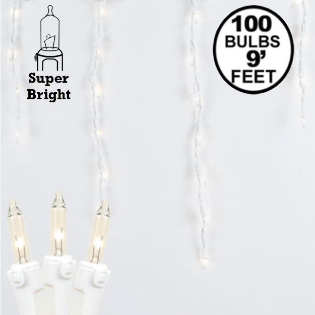 Clear 100 Light Icicle Lights White Wire Long Drops