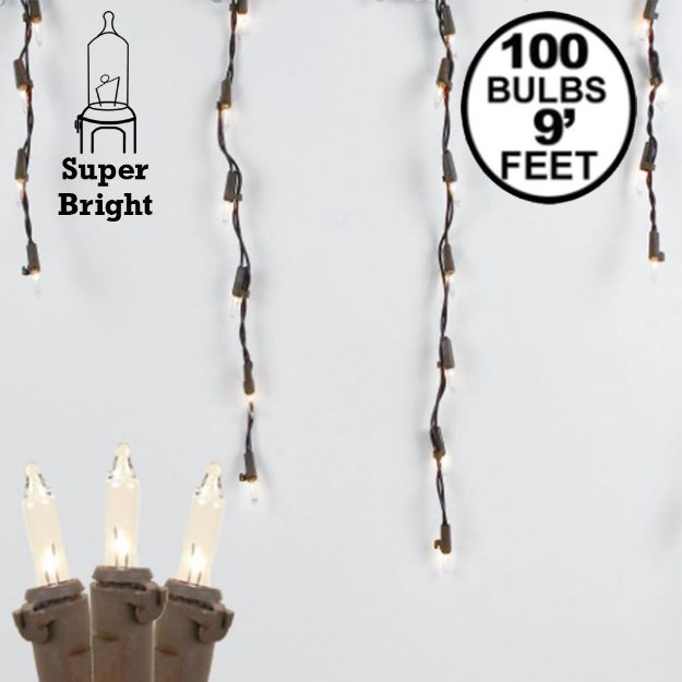 Clear 100 Light Icicle Lights Brown Wire Medium Drops