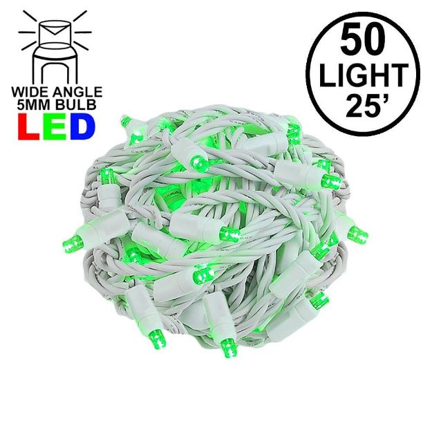 Commercial Grade Wide Angle 50 LED Green 25' Long on White Wire
