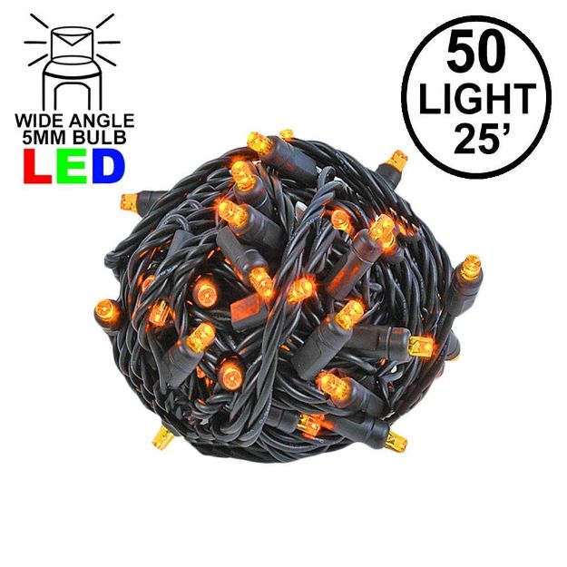 Commercial Grade Wide Angle 50 LED Amber 25' Long on Black Wire