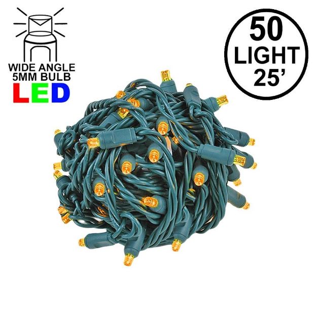 Commercial Grade Wide Angle 50 LED Amber 25' Long on Green Wire